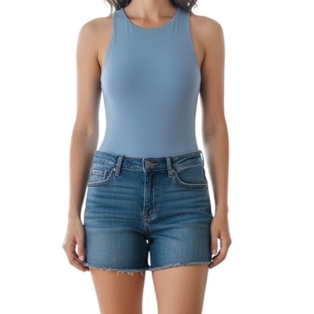 EXPRESS Body Contour Ribbed High Neck Baby‎ Blue Bodysuit NWOT Size XS